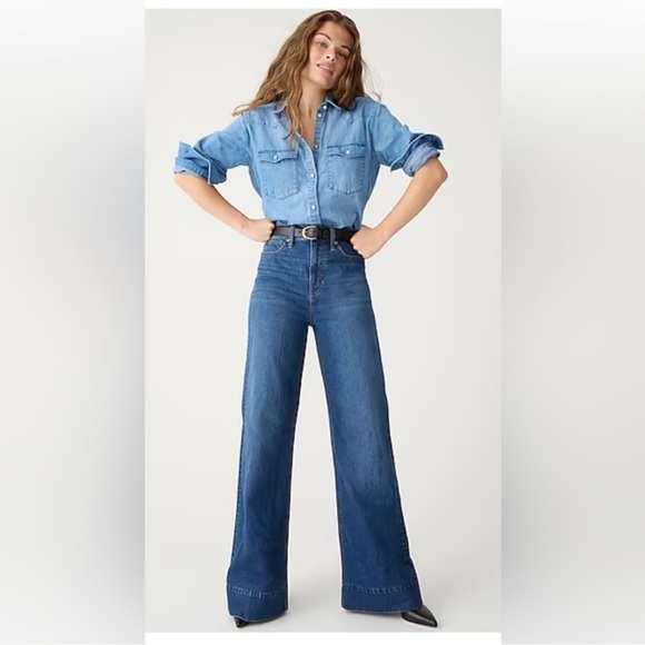 J. Crew Denim Trouser in Wesly Wash Size 34 = Size 18 Wide Leg Jeans - Picture 14 of 15